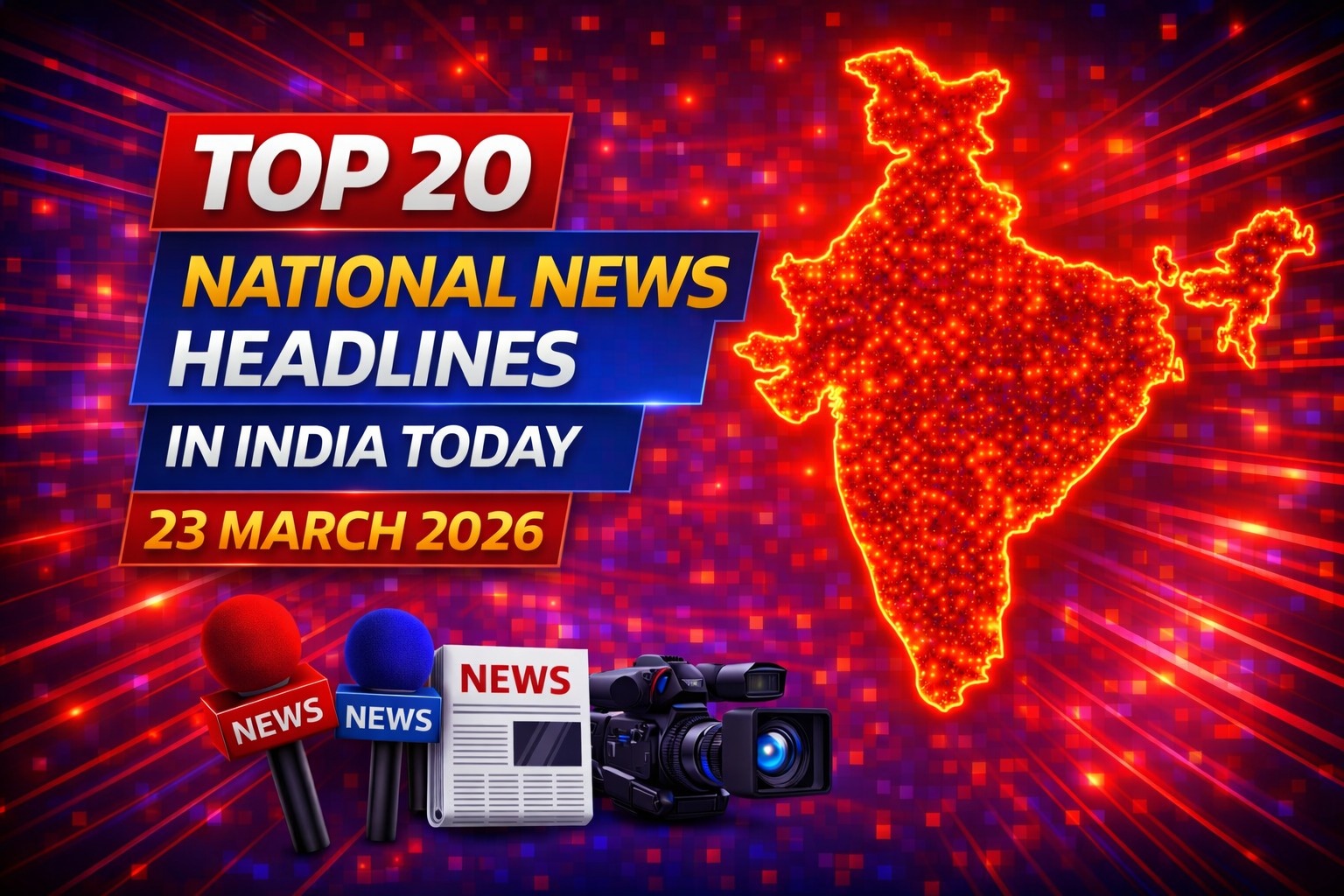 Top 20 trending news headlines in India today 23 March 2026 weather AI economy updates infographic